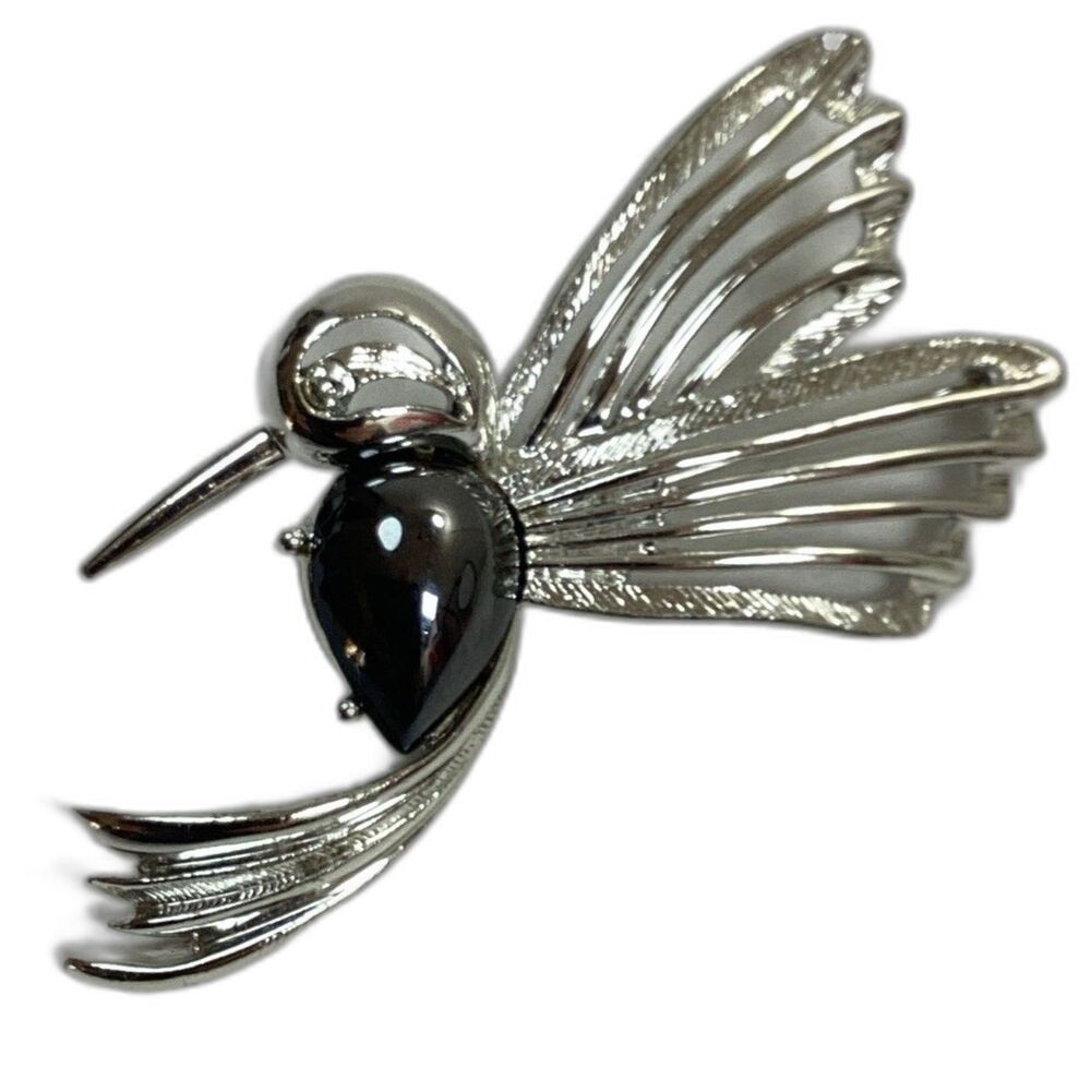 Vtg Judy Lee Hummingbird Brooch Silver Tone Black Polished Stone Bird Pin Signed